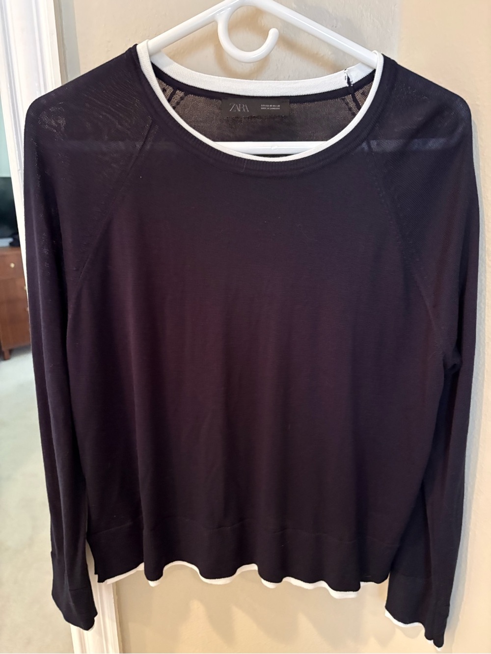 Zara lightweight sweater in navy with t shirt detail for layered look.